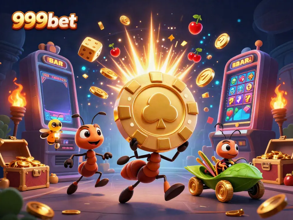 Ants carrying a golden poker chip in a vibrant casino heist scene featuring 999bet elements.