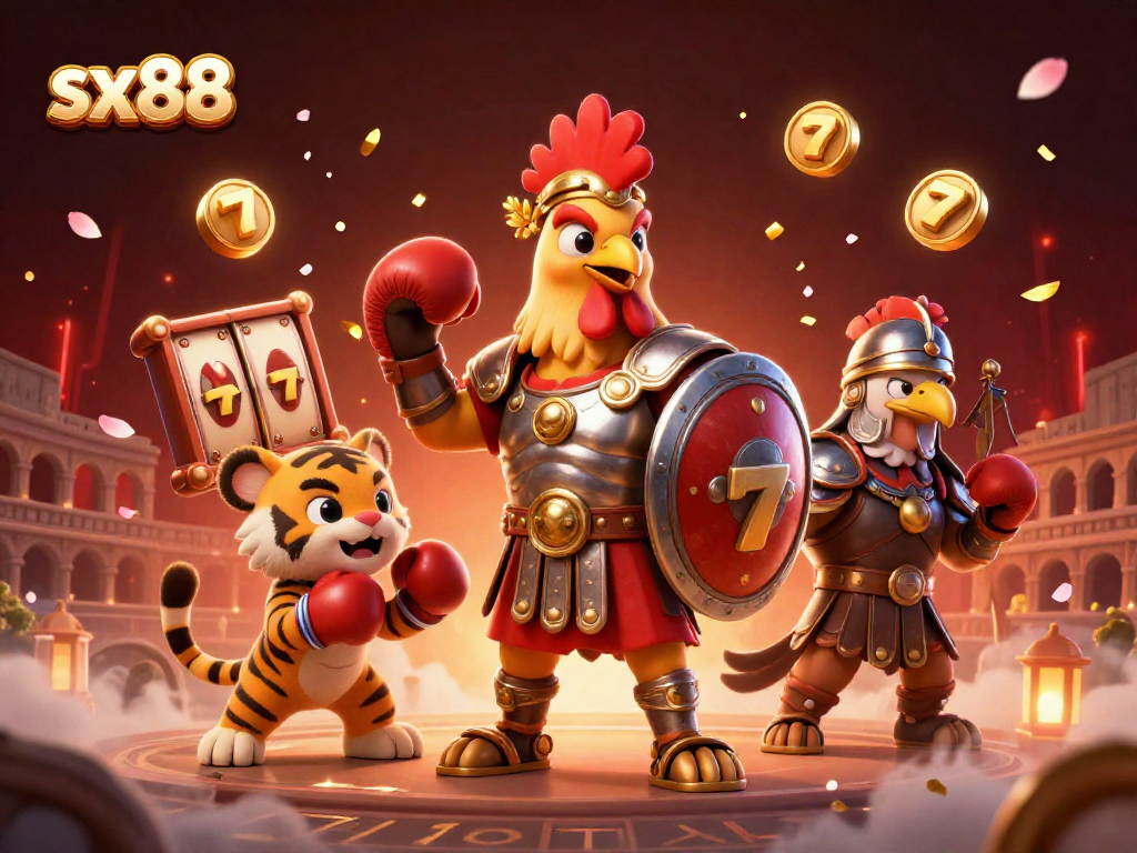 SX88 offers thrilling casino action with a dynamic scene featuring a gladiator rooster and gaming elements.