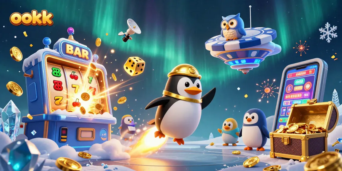 Play with ookk's thrilling 3D theme, featuring a golden penguin, jackpots, and a space casino backdrop.