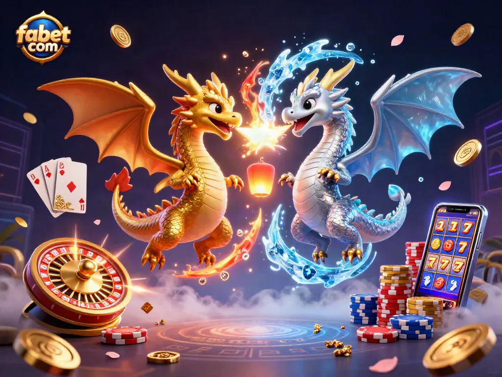 Engage in thrilling action with fabet com, featuring 3D cartoon dragons and vibrant casino elements.