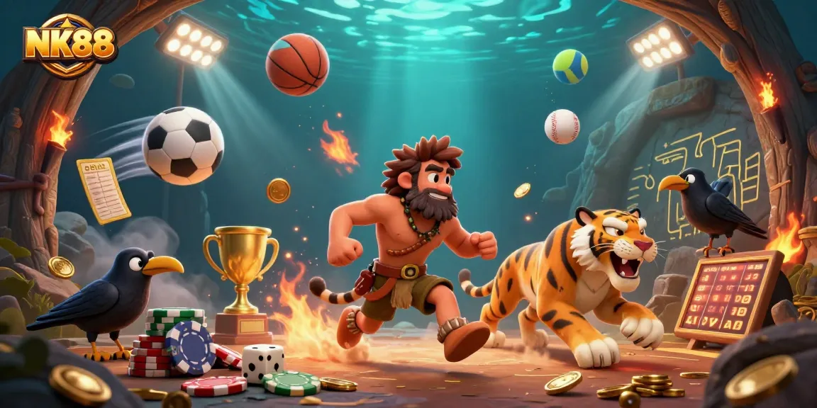 Engage with NK88 at a prehistoric casino featuring a dynamic sport-themed illustration with characters.