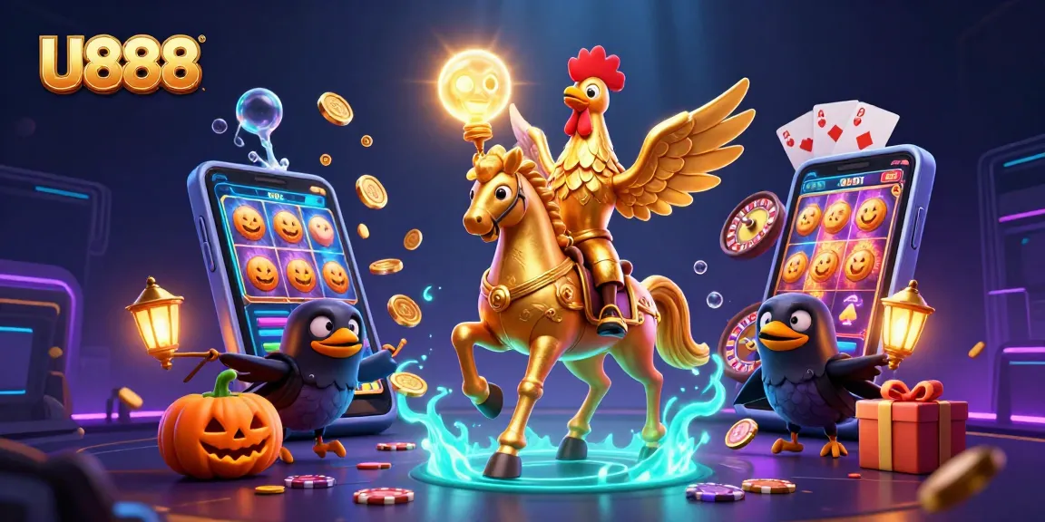 Experience thrilling gaming action at U888 with a vivid scene of golden rooster and lucky symbols in an enchanting casino.