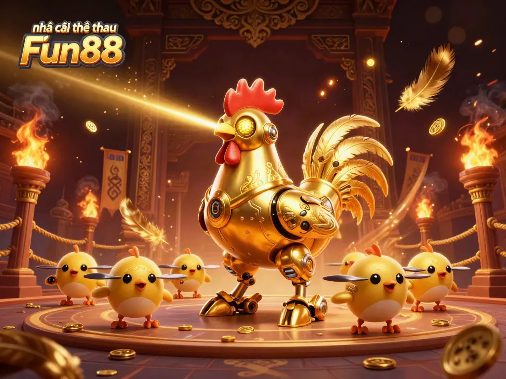 Experience the thrill of Nhà cái thể thao Fun88 with a dynamic robot scene, showcasing golden success.