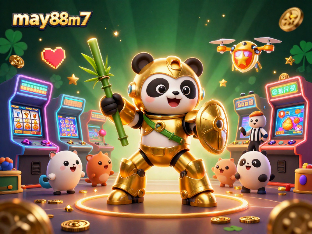 Experience thrilling games at may88m7 with golden panda piloting a dynamic robot in a casino arena.