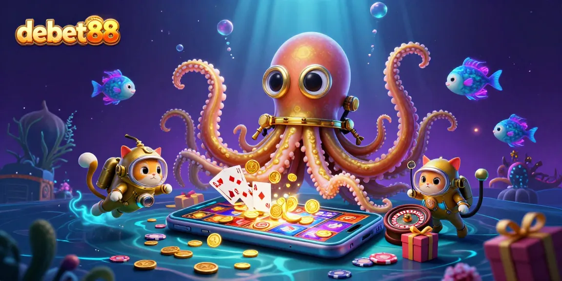 Experience the thrill of debet88 with a vibrant 3D casino illustration featuring a kraken and diving cat.