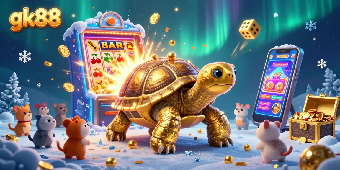 Experience the excitement of gk88 casino games with a rich scene of gaming elements and a vibrant tortoise centerpiece.