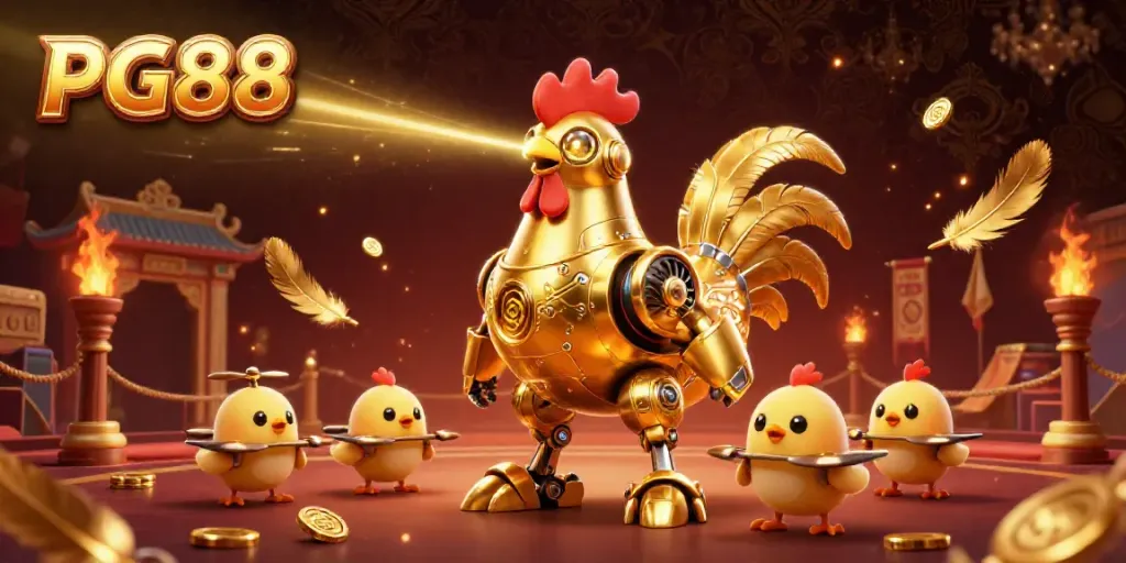 Engage with thrilling experiences at PG88 with a futuristic casino scene featuring a golden rooster robot and baby chick drones.