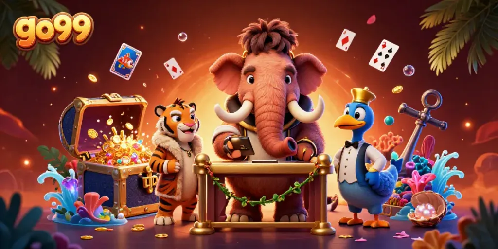 Go99 features a woolly mammoth bouncer and saber-tooth tiger VIP with vibrant casino elements.