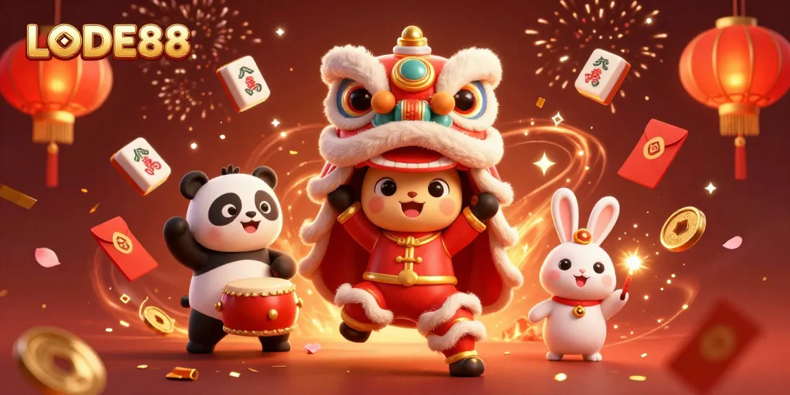 Experience the excitement of LODE88 with 3D characters in vibrant casino-themed celebration.