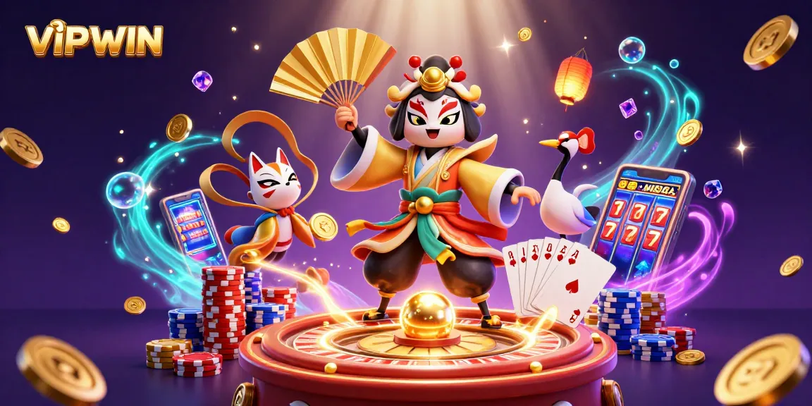 Join the excitement of VIPWIN with vibrant 3D illustrations of kabuki warriors and casino elements!