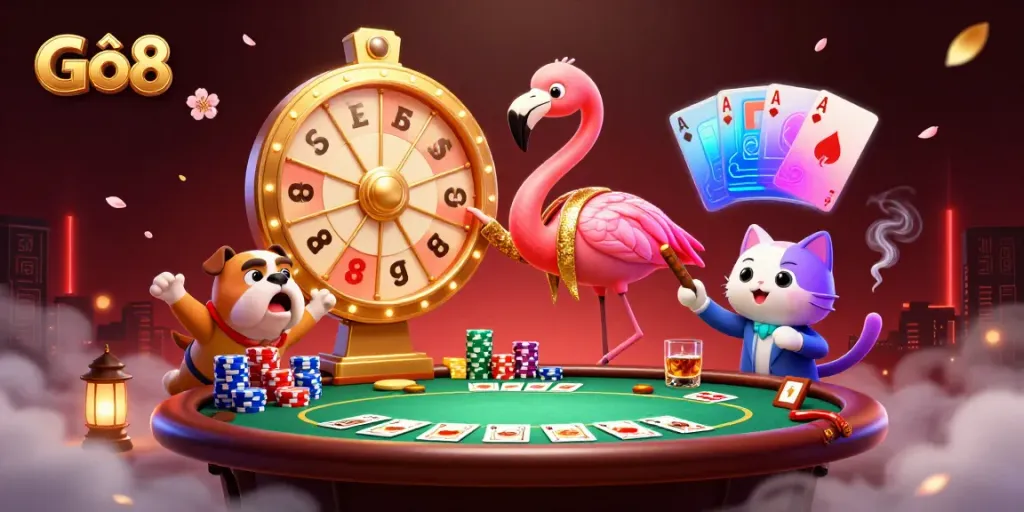 Exciting scene featuring Gô8 engaging characters around a prize wheel in a vibrant casino setting.