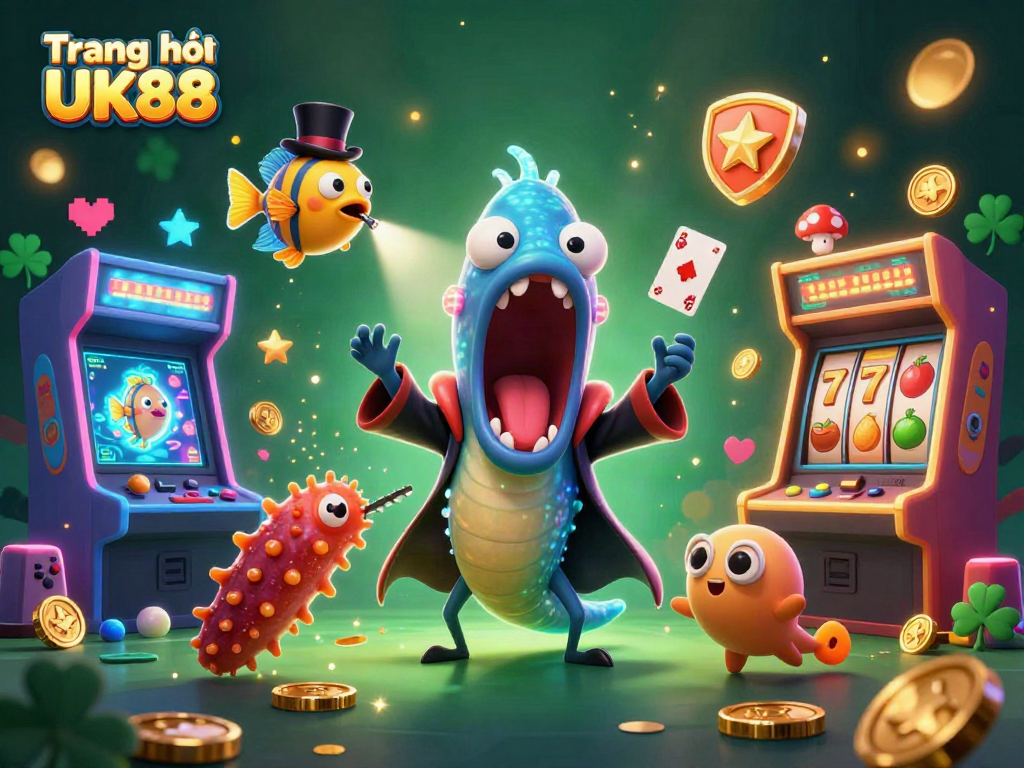 Engage with Trang chủ UK88 as a bioluminescent deep-sea gulper eel performs magic tricks amidst vibrant casino elements.