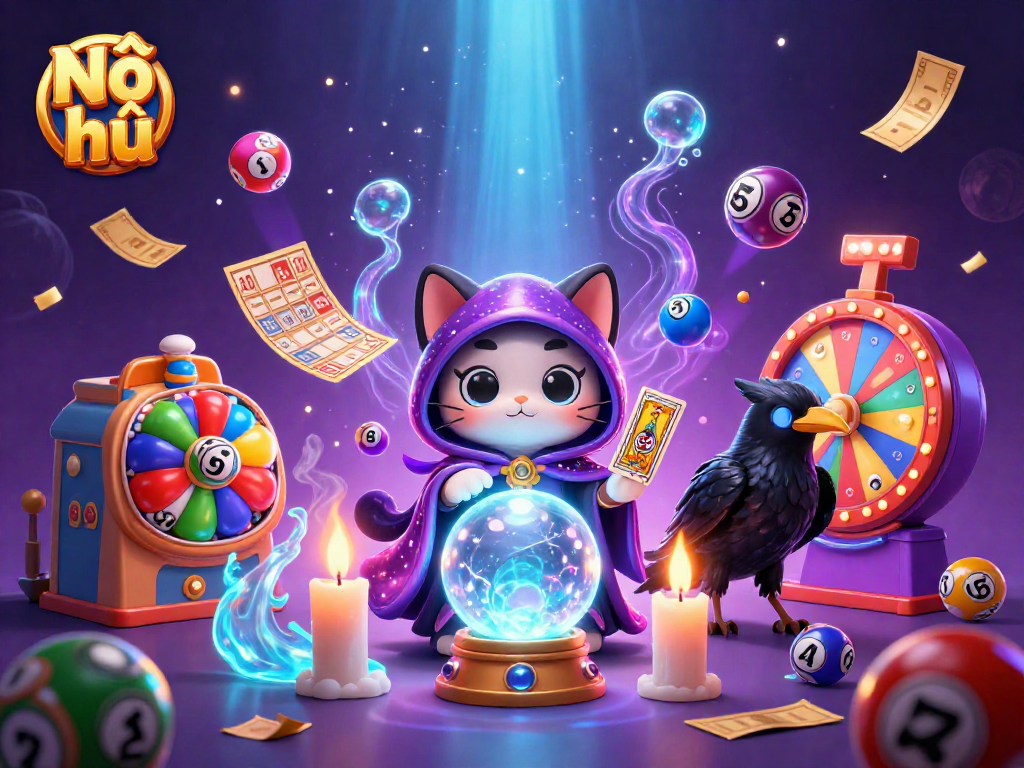 Nổ hũ showcases vibrant lottery elements with a mystical cat, a fortune teller, and animated game effects.