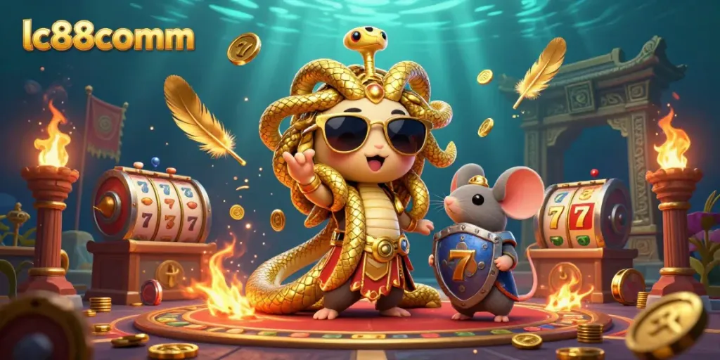 Experience vibrant gaming excitement with lc88comm's lively casino scene featuring Medusa and a warrior mouse.