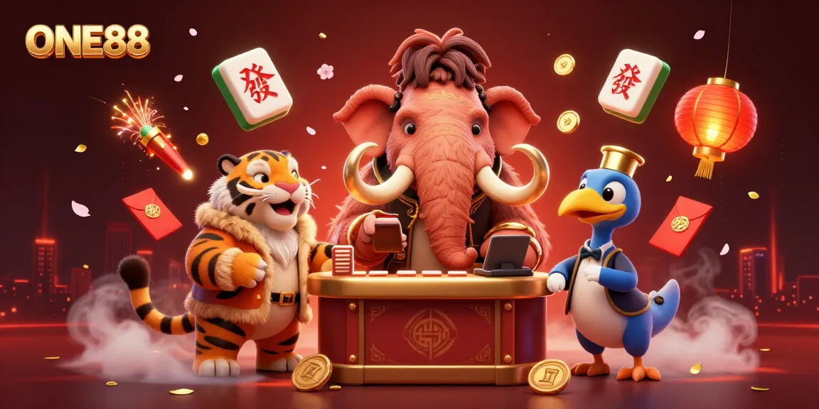 ONE88 casino scene featuring a woolly mammoth bouncer and other whimsical characters welcoming guests.