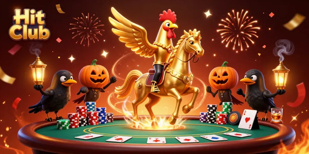 Hit Club showcases a golden rooster and companions in a vibrant casino setting.