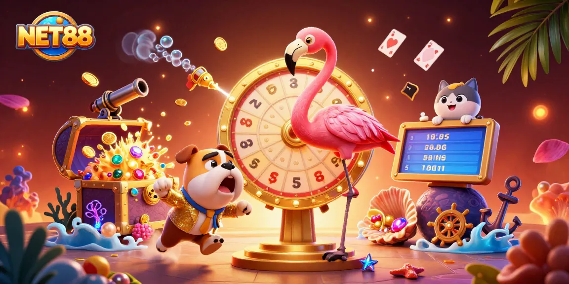 Engage with NET88's thrilling prize wheel and vibrant casino elements in an animated scene.