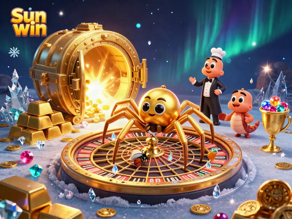Place your bets with Sun win in this vibrant 3D casino scene featuring themed characters and elements.