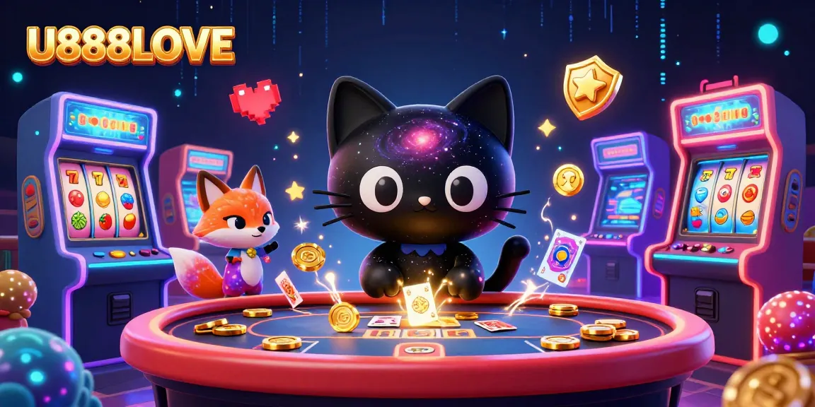 Engage in U888LOVE with a cosmic cat at a casino table, surrounded by colorful gaming elements.