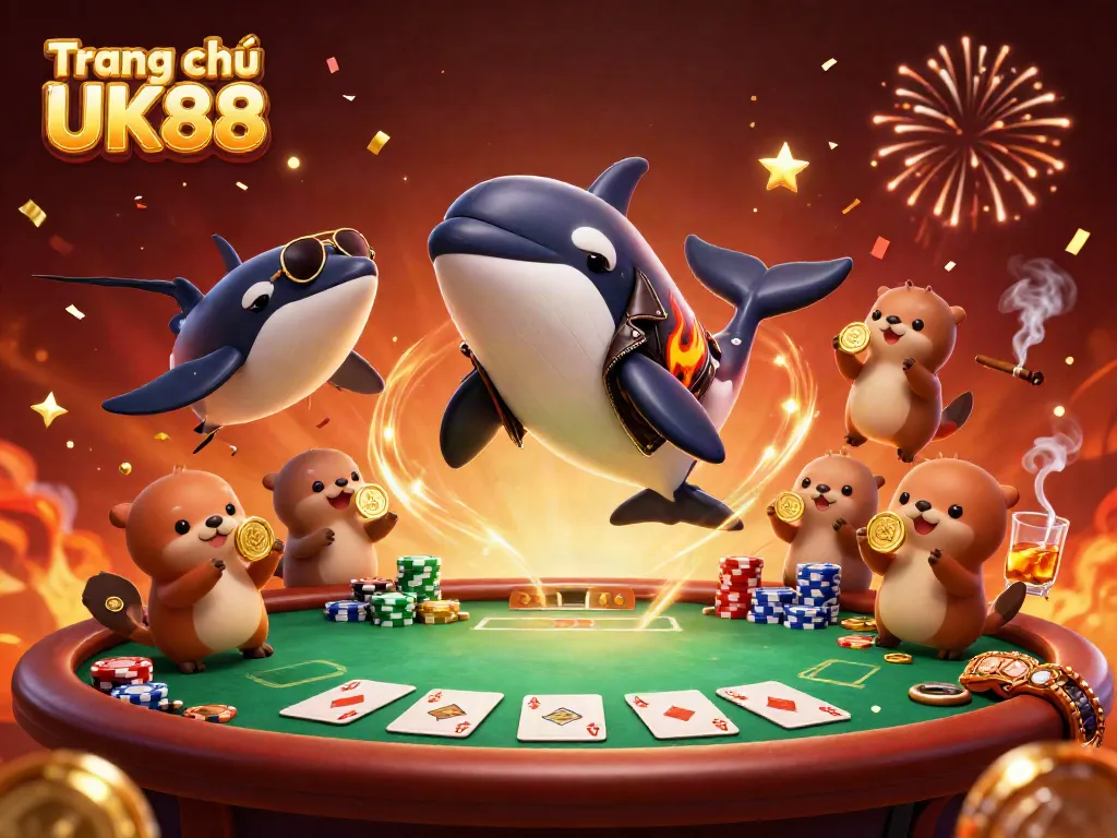 Engage in thrilling action at Trang chủ UK88, featuring vibrant casino characters celebrating with golden coins.