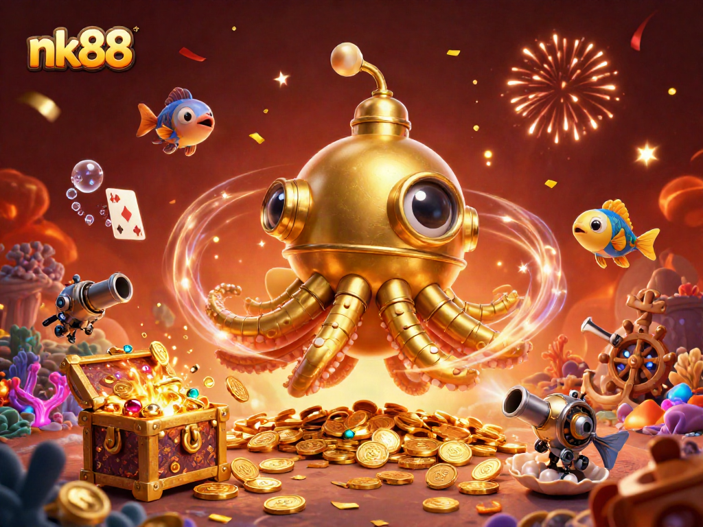 Experience thrilling gameplay with nk88 as a golden kraken submarine emerges through golden coins.