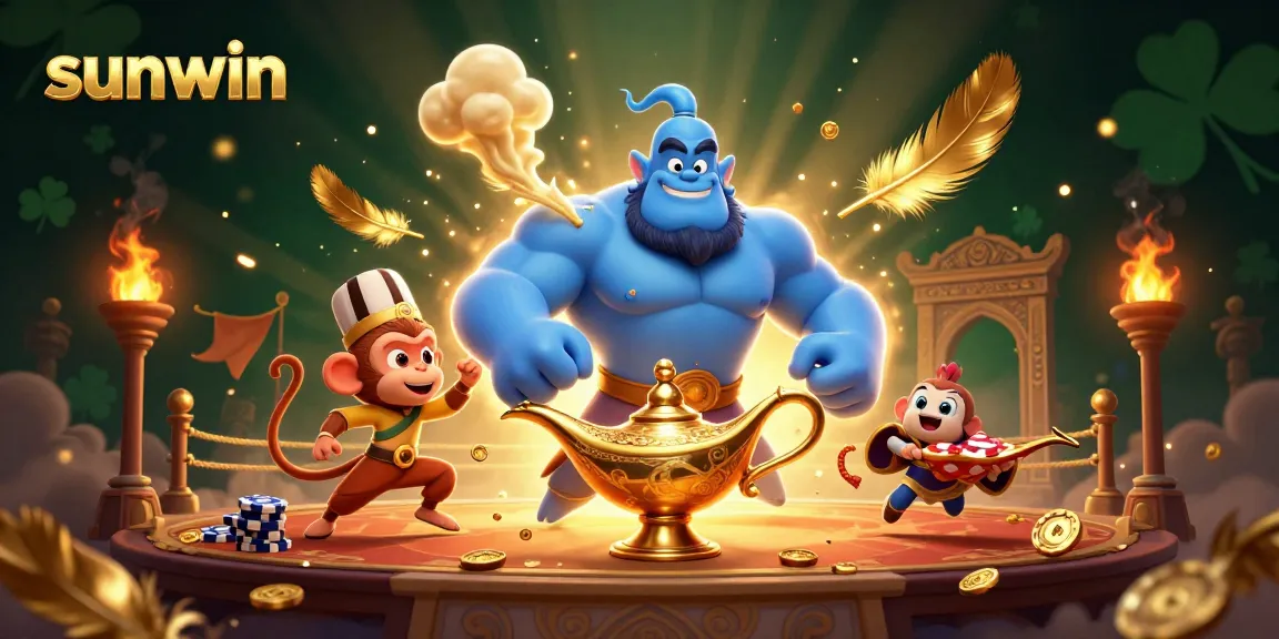 Experience thrilling gaming with sunwin’s magical 3D illustration featuring a genie and poker chips.