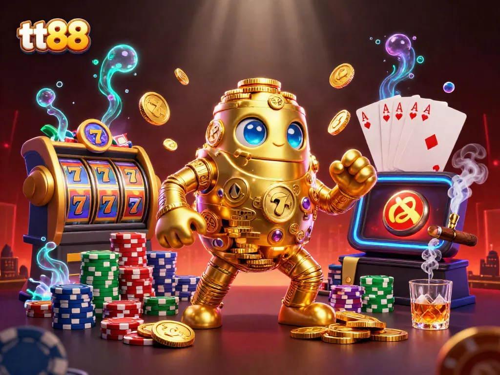 Spin the reels with tt88's vibrant casino scene featuring a golden golem amidst slot symbols and poker chips.