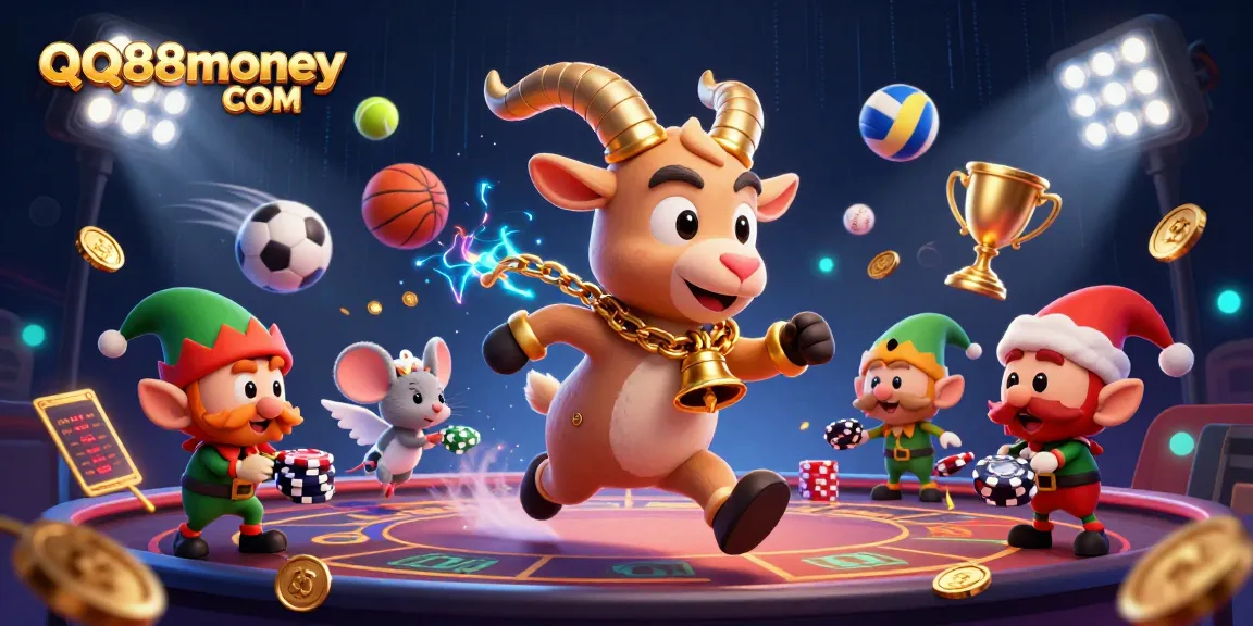 Experience the excitement at QQ88money COM with a festive Krampus running a casino, surrounded by sports elements.