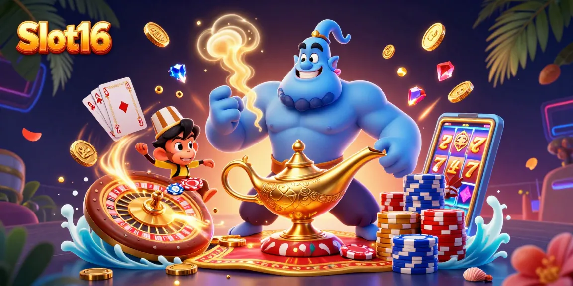 Experience the excitement of Slot16 with vibrant gaming visuals and dynamic casino elements.