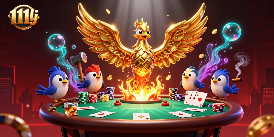 111lj showcases a vibrant scene with a molten golden phoenix and poker elements in action.