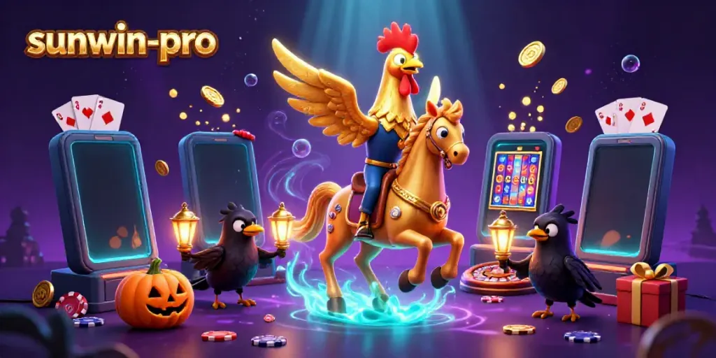 Engage in vibrant casino fun with sunwin-pro's golden rooster and pumpkin-headed companions amidst thrilling gaming elements.