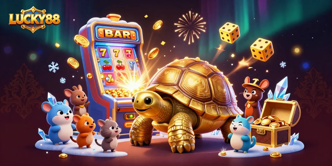 LUCKY88 showcases a golden tortoise pinball machine amidst a vibrant casino scene filled with games and excitement.