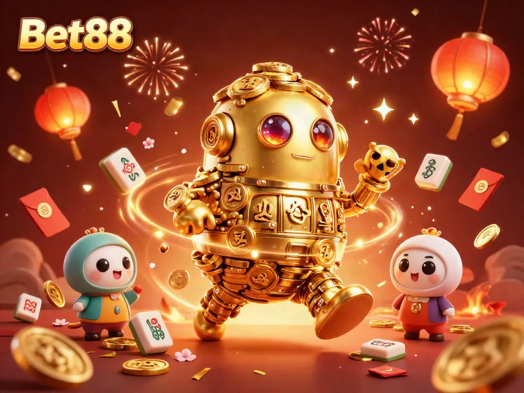 Experience the excitement at Bet88 with a dynamic casino scene featuring golden golems and festive game symbols.