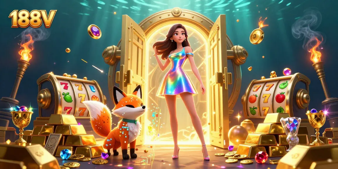 Win big at 188V with thrilling slot games surrounded by gold treasures and dynamic elements.