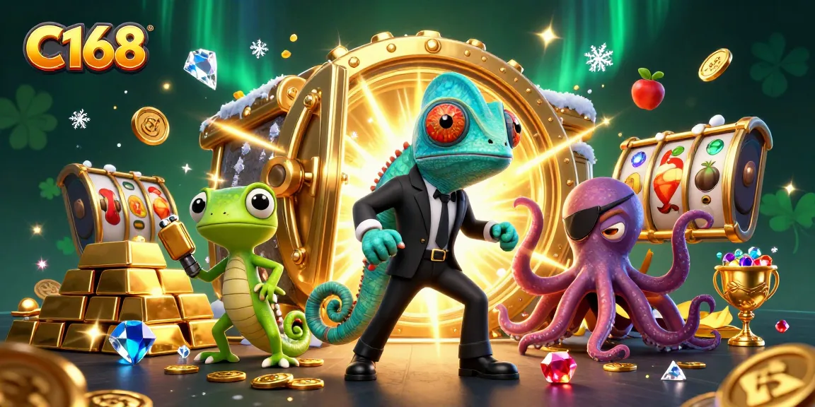 C168 gameplay featuring a chameleon, gecko, and octopus in a vibrant casino setting.