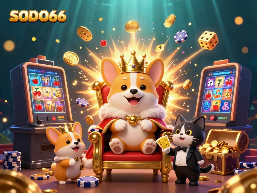 Experience the thrill of SODO66 as a royal corgi reigns over a colorful casino scene with vibrant game elements.