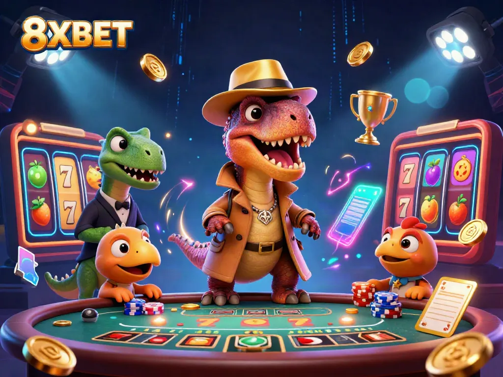 Experience the thrilling action of 8XBET with a velociraptor card counter and stegosaurus pit boss at a vibrant blackjack table.