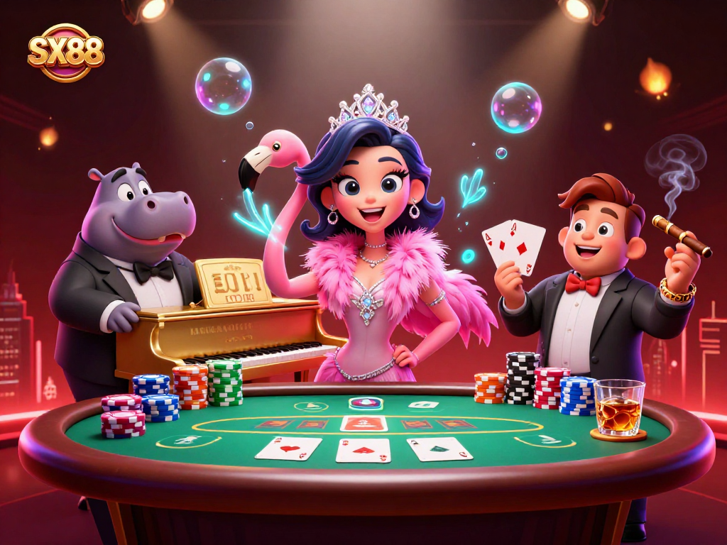 Experience winning at SX88 with a vibrant casino scene featuring a singing flamingo and a hippo bassist.