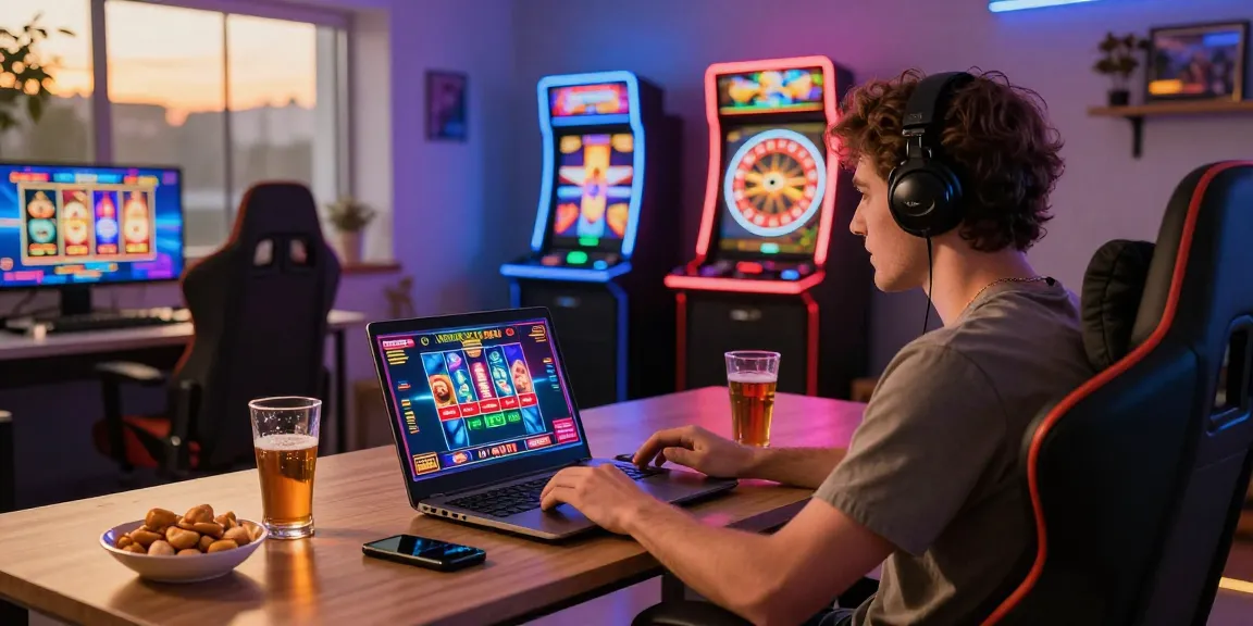 LUCK8 online gaming enthusiast enjoying an exciting casino game on a laptop in a vibrant home setup.