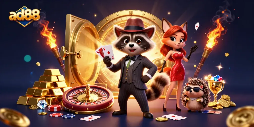 Experience the excitement of ad88 with a suave raccoon holding a royal flush amidst casino glamour.