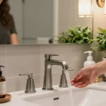gunmetal badkamerkraan kopen in een moderne badkamer met stijlvolle inrichting en planten