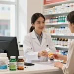 Klantenservice in Unique Pharma Shop met hoogwaardige supplementen in een uitnodigende apotheek.