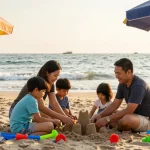 Family enjoying a sunny day at Jakarta's Ancol Beach, building sandcastles and playing.