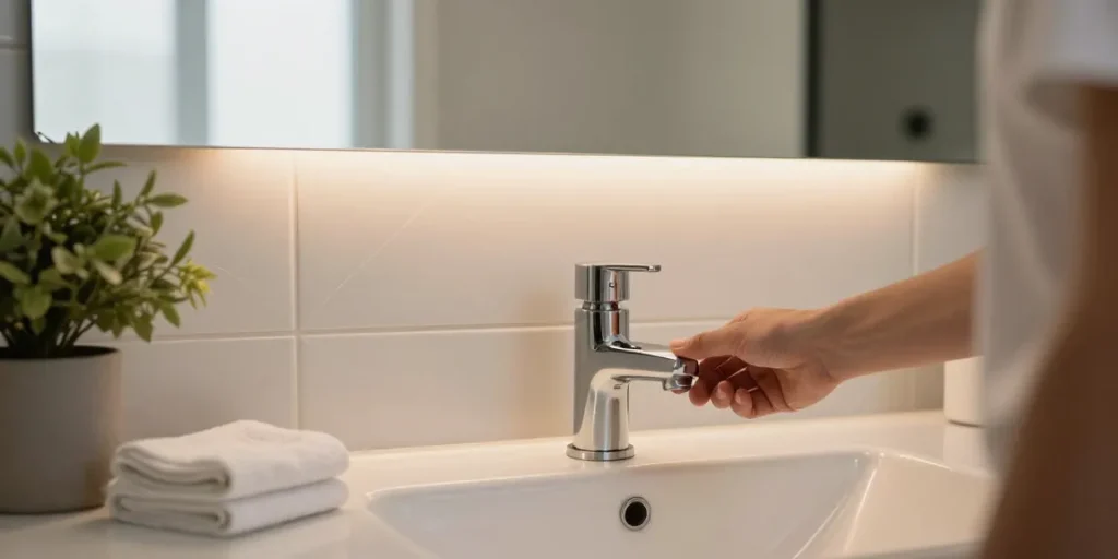 Moderne badkamer kraan in een stijlvol ingericht wastafel, warm licht schept een uitnodigende sfeer.