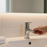Moderne badkamer kraan in een stijlvol ingericht wastafel, warm licht schept een uitnodigende sfeer.