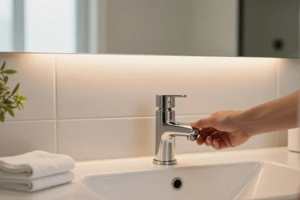Moderne badkamer kraan in een stijlvol ingericht wastafel, warm licht schept een uitnodigende sfeer.