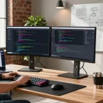 Build internal tools with AI in a modern software workspace with colorful code on screens.